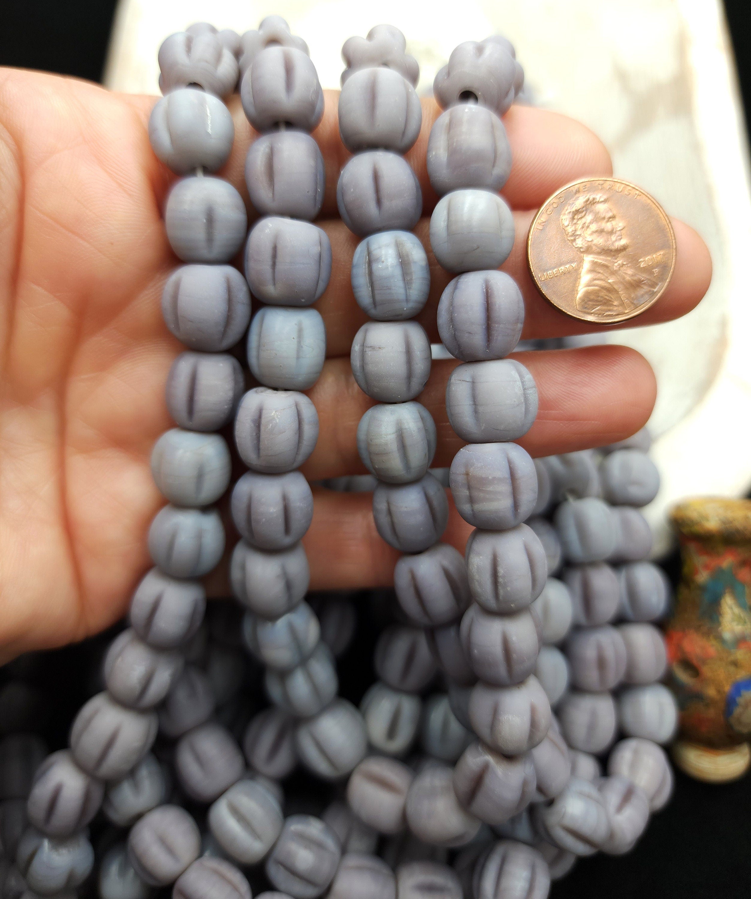 Melon Shaped Glass Beads With Accent Rustic Old Look 9-11mm 15 Beads, Jewelry Making Supplies, Lampwork Beads, Indonesian, Java Beads.