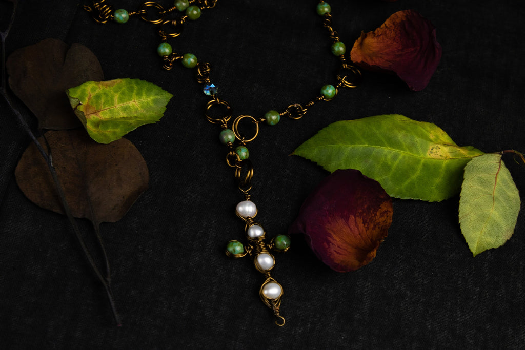 Pearls & Greens Necklace | Copper | Pearls | Rosary| Crystal