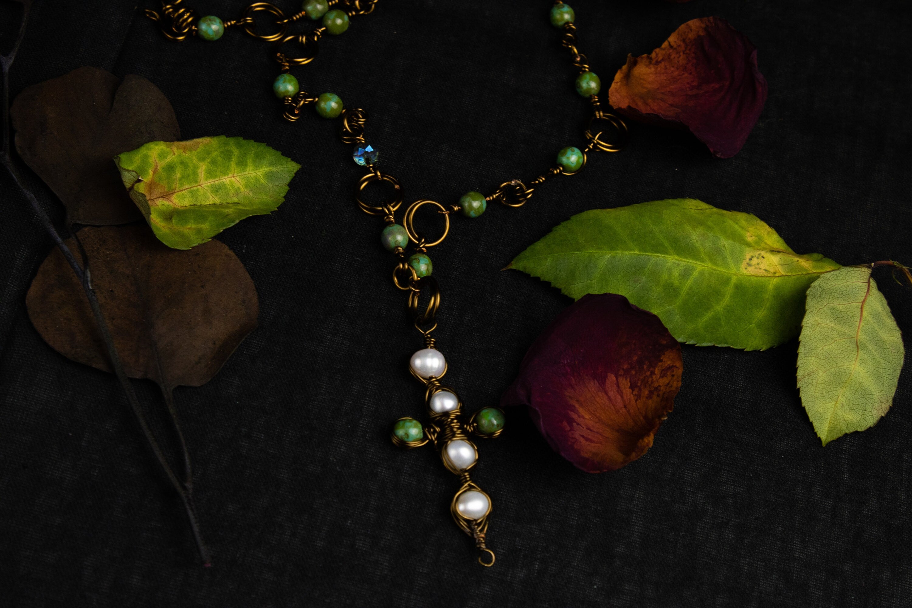 Pearls & Greens Necklace | Copper | Pearls | Rosary| Crystal