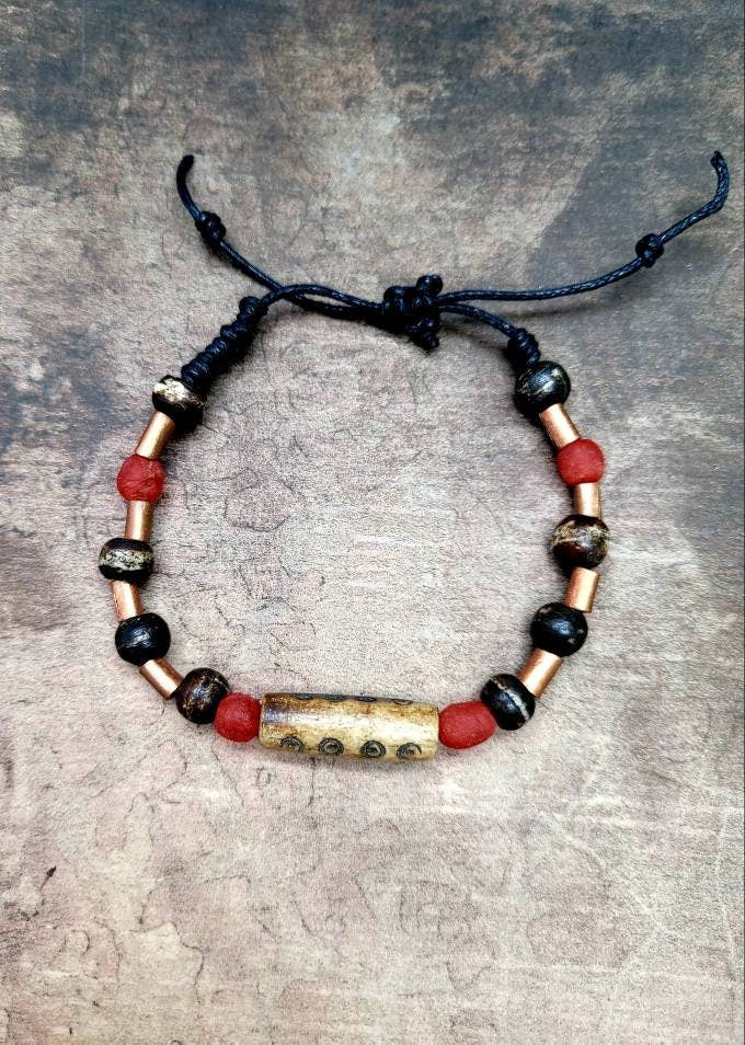 Hippie bracelet, boho, copper, carved bone beads, African beads.
