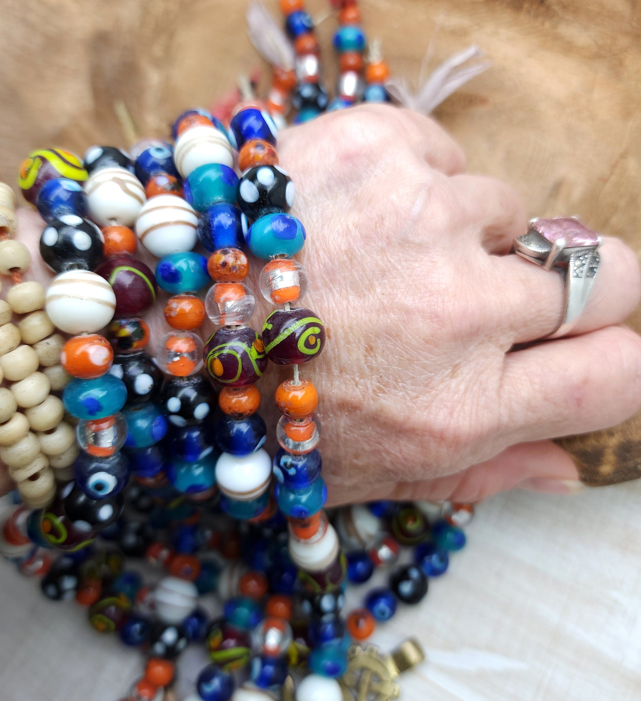 Assorted Handmade Glass Beads / Strand 12" 34-37 Beads 7-11mm / Murano / Evil Eye / Jewelry Making Supplies.