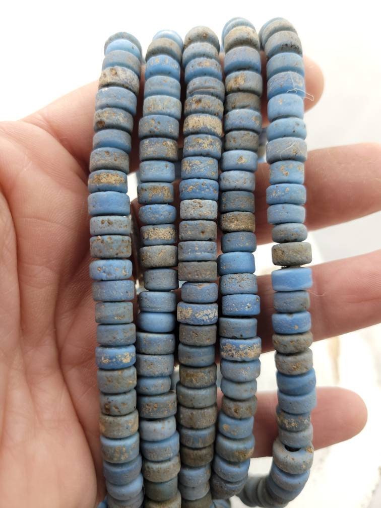Glass Beads With Antique And Rustic Accent / Handmade Artisan / 7-8mm 10" Long Strand / Indonesia / Java / Tribal / Jewelry Supplies.
