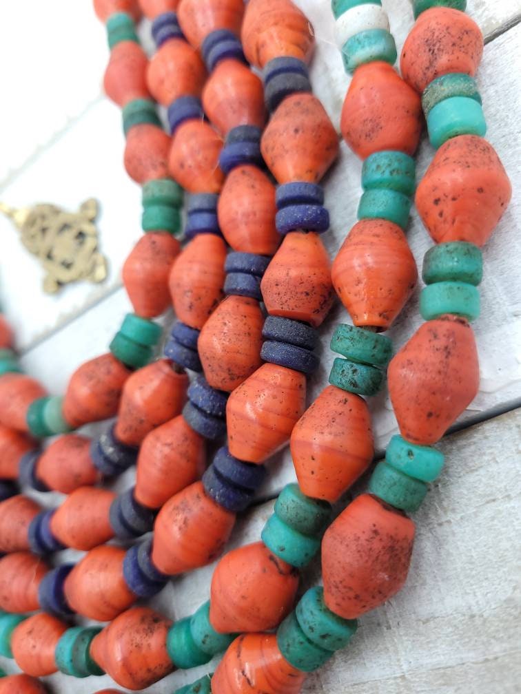 Red Glass Bicone Beads From Thailand With Antique Rustic Accent /10"Long Strand 15-17mm X 11-13mm Ring Beads 6mm / Indonesia Beads /Java /