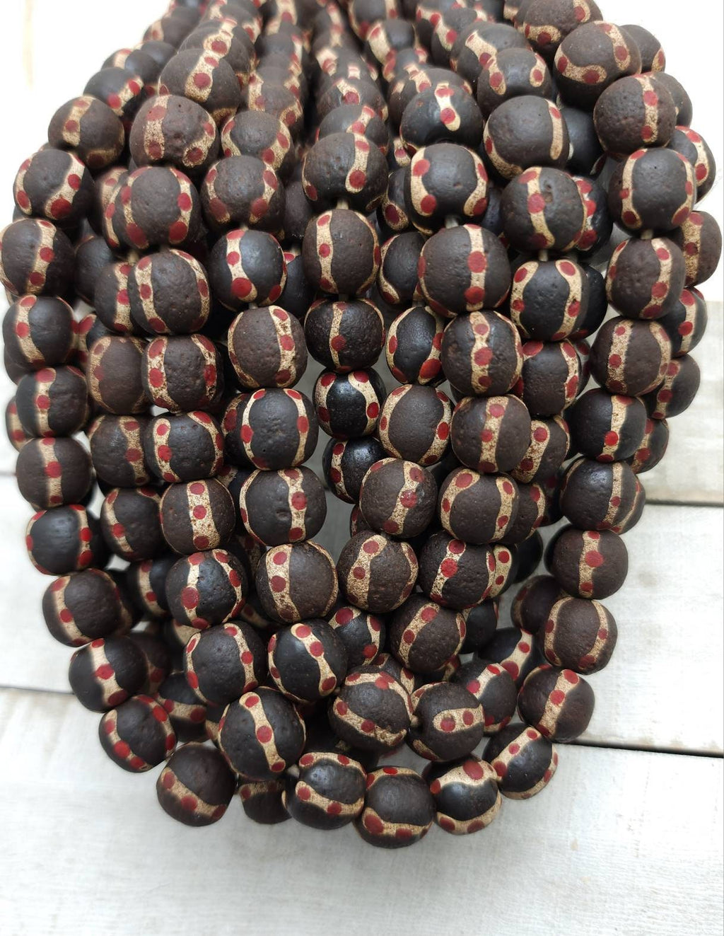 Dark Brown Glass Beads with Old Rustic Accent  12-13mmx12-13mm 12 Beads Per Strand / Jewelry Supplies / Java / Indonesia / Tribal / Ethnic
