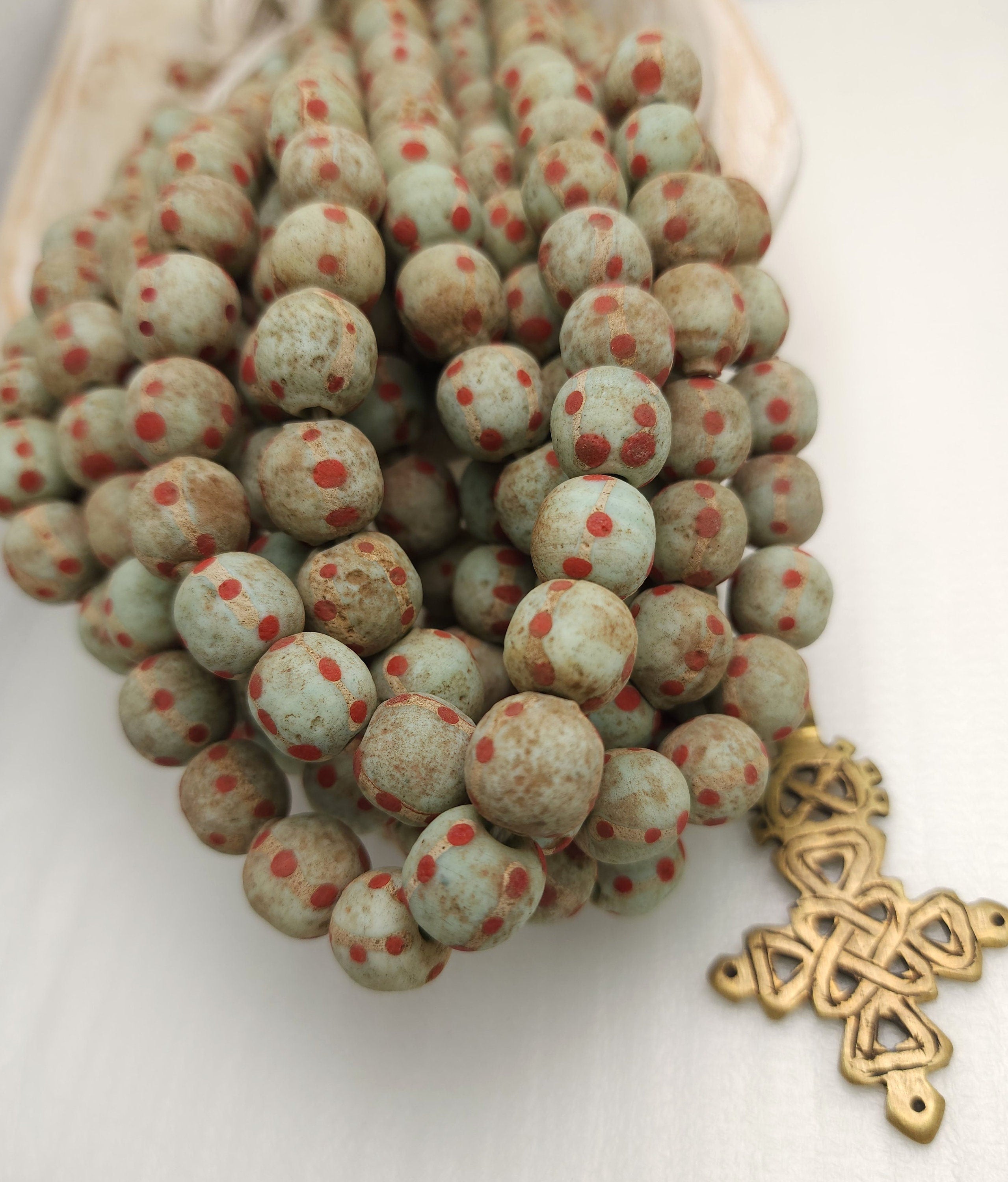 Pistachio Green Glass Beads with Old Rustic Accent  12-13mmx12-13mm 10 Beads Per Strand / Jewelry Supplies / Java / Indonesia / Ethnic