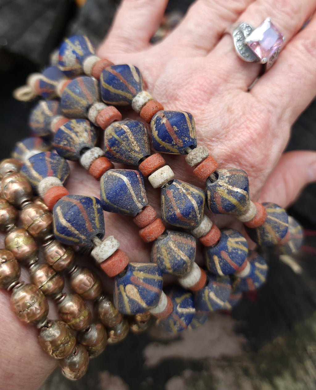 Blue Bicone Glass Beads, Strand 14-15mm, Beads With Antique Accent, Rustic, Indonesian, Jewelry Making Supplies, Craft.