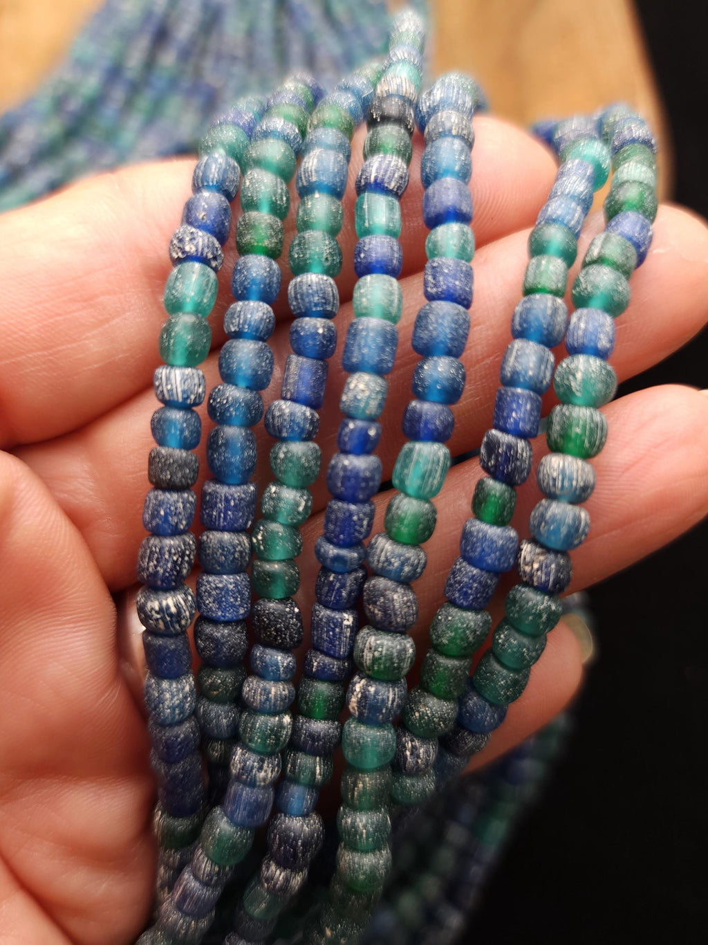Boho Rustic Glass Beads from Indonesia 4-6×3-5mm Strand 22" [166 Beads], Blue & Green Handmade Beads, Craft Jewelry DIY.