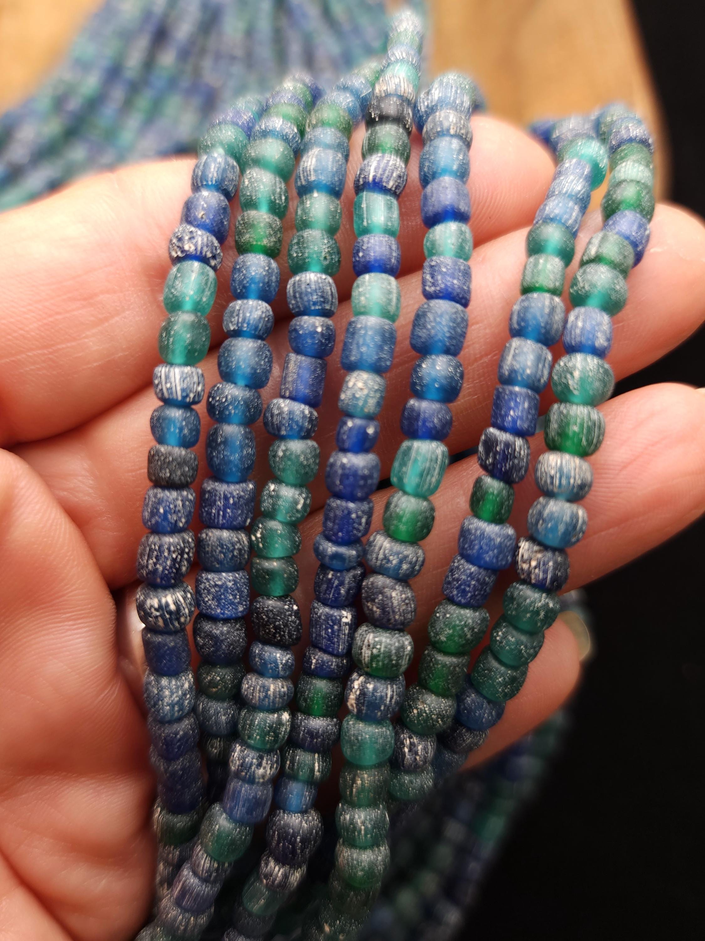 Boho Rustic Glass Beads from Indonesia 4-6×3-5mm Strand 22" [166 Beads], Blue & Green Handmade Beads, Craft Jewelry DIY.
