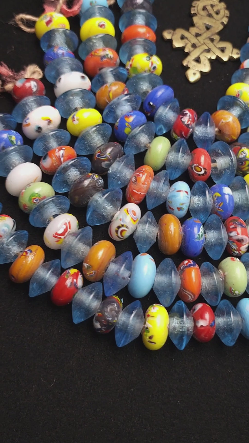 African Glass Donut & Beacon Beads Strand 8" • 14–17mm • Handmade African Trade Beads