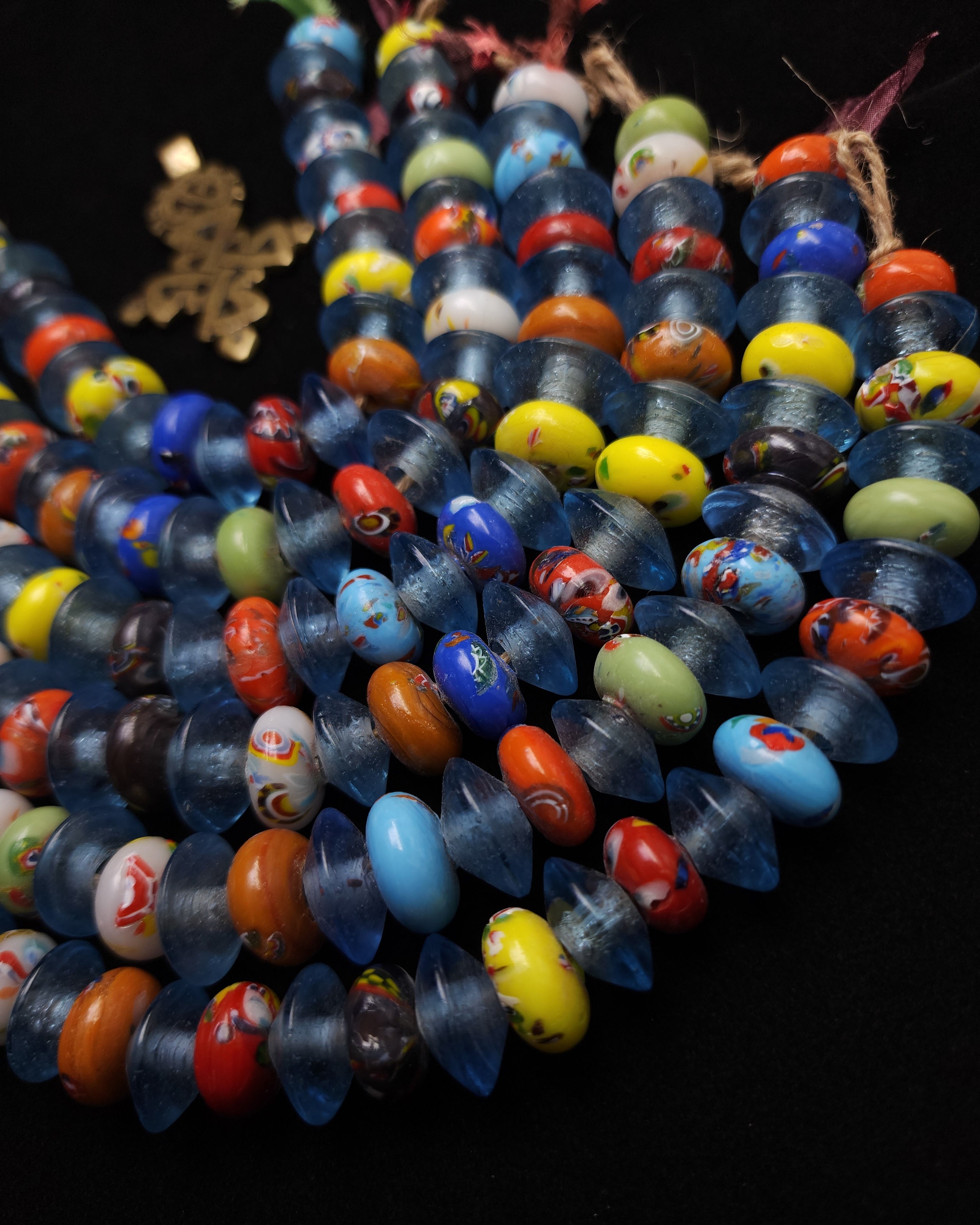 African Glass Donut & Beacon Beads Strand 8" • 14–17mm • Handmade African Trade Beads