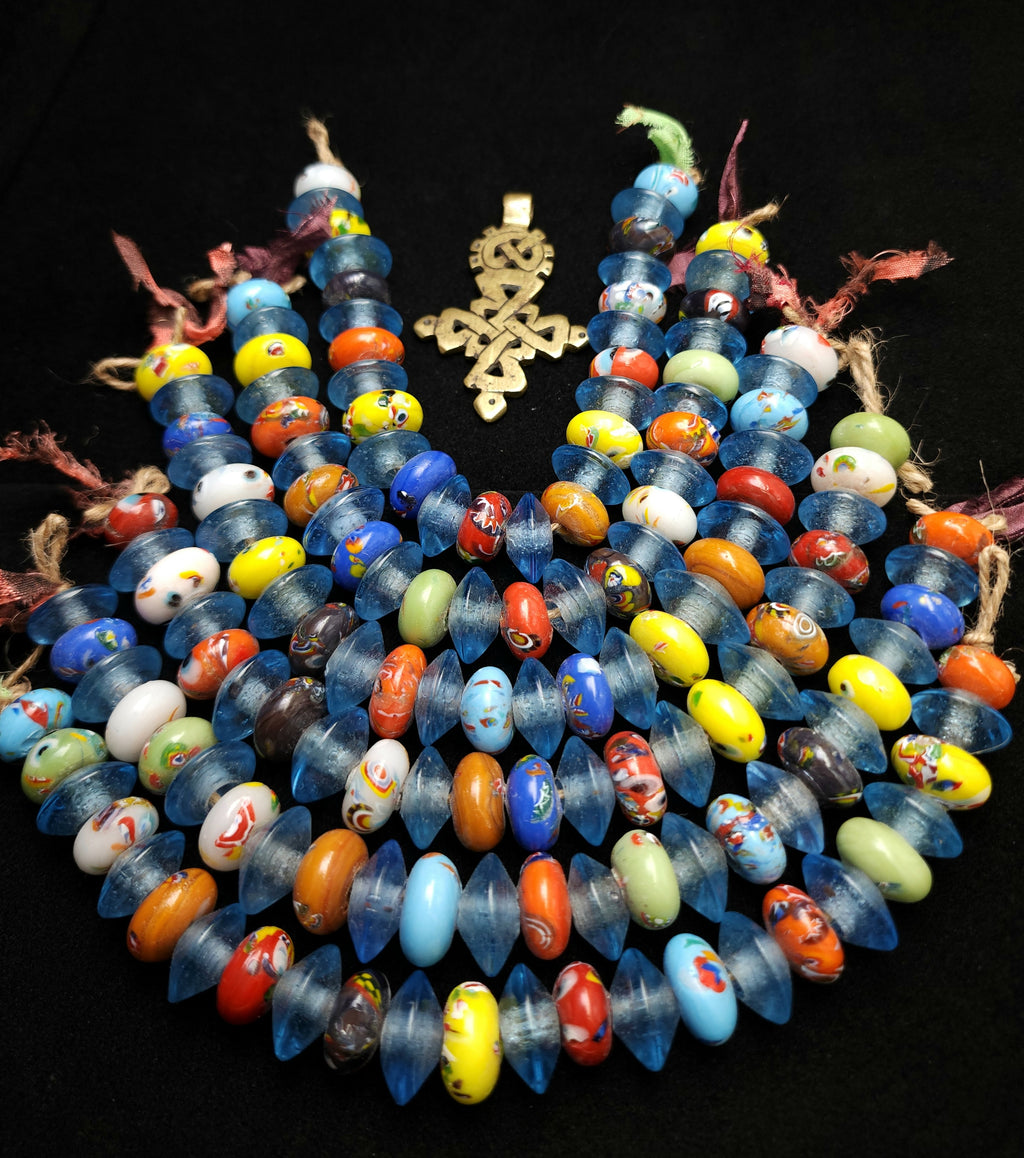 African Glass Donut & Beacon Beads Strand 8" • 14–17mm • Handmade African Trade Beads