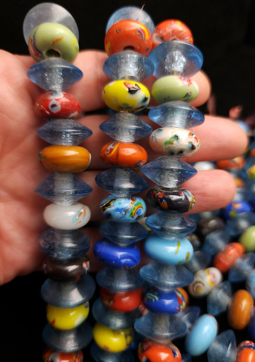 African Glass Donut & Beacon Beads Strand 8" • 14–17mm • Handmade African Trade Beads