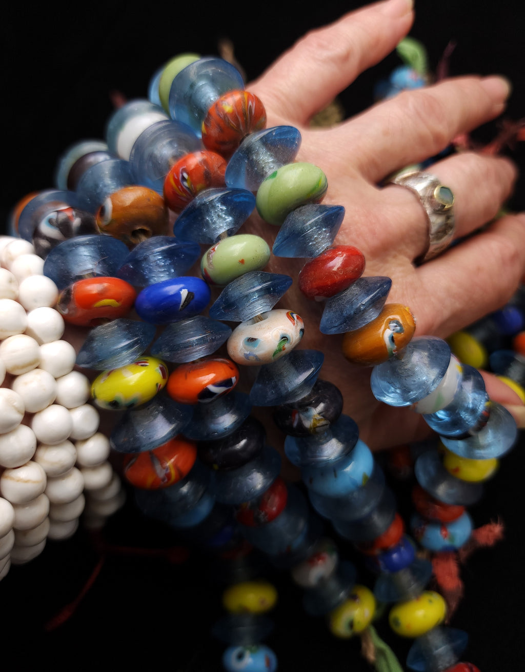 African Glass Donut & Beacon Beads Strand 8" • 14–17mm • Handmade African Trade Beads