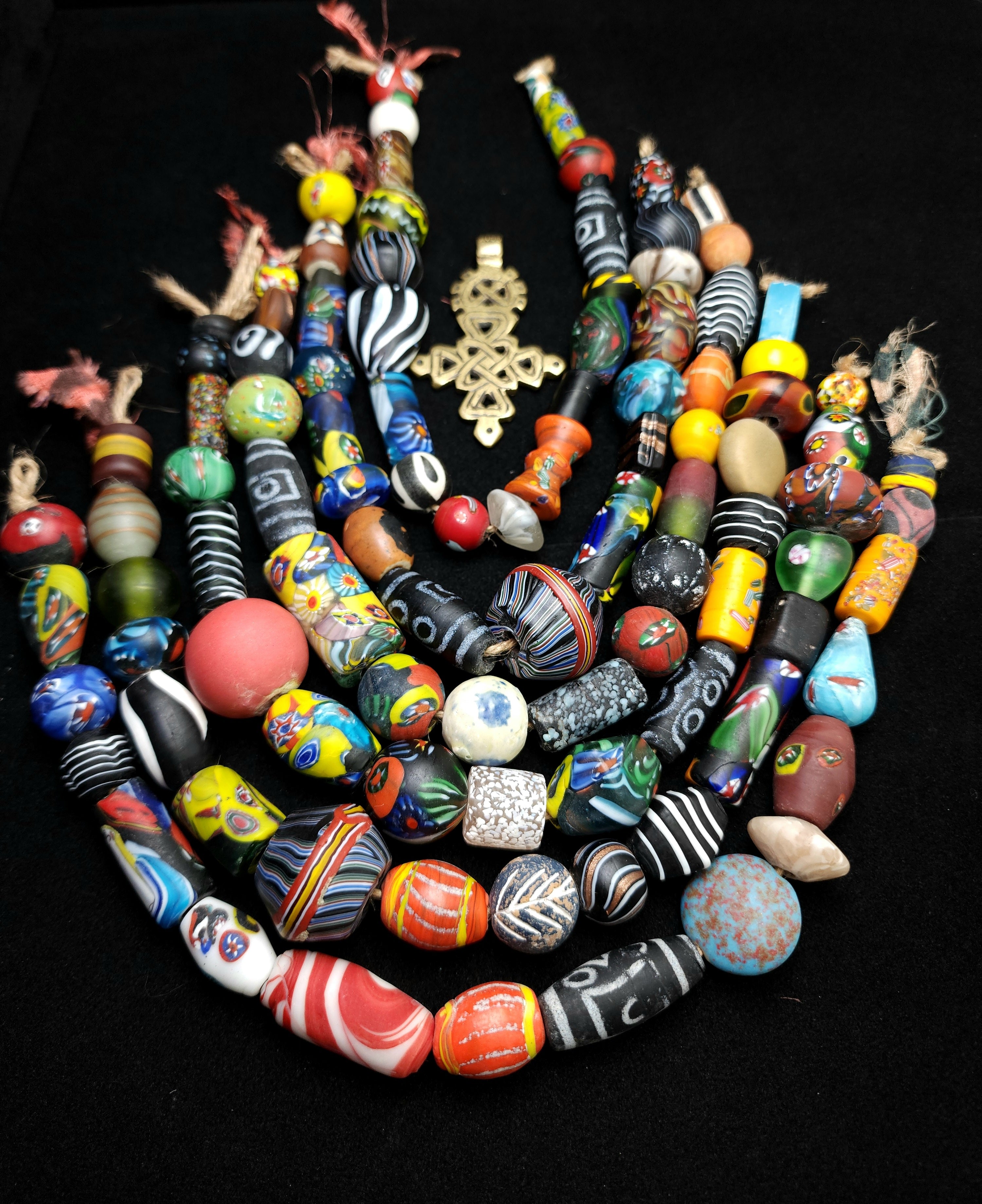 Colorful Millefiori & Ceramic Beads Strand 12" • 12–27mm Handmade India • Replica African & Venetian Style Beads