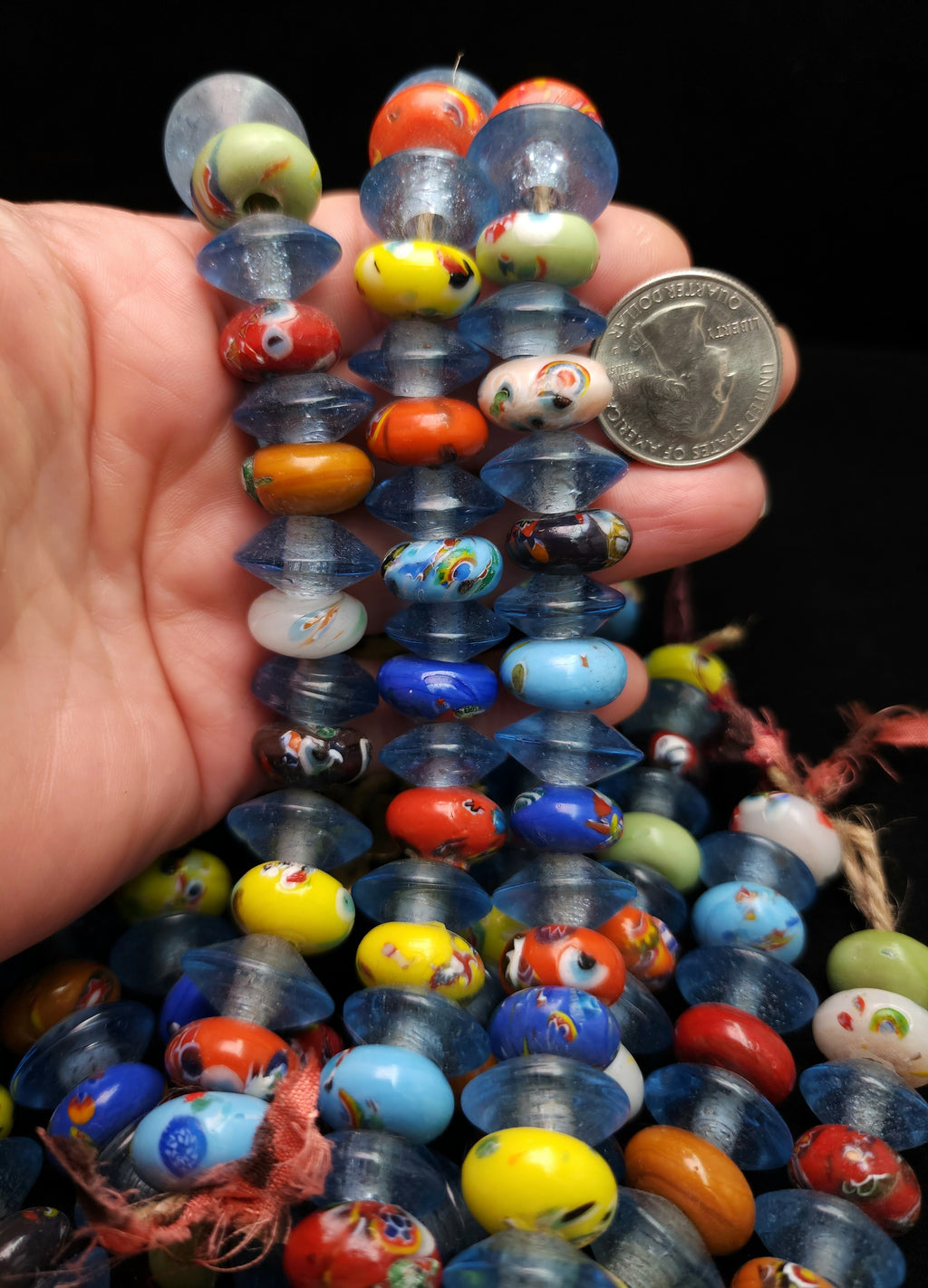 African Glass Donut & Beacon Beads Strand 8" • 14–17mm • Handmade African Trade Beads