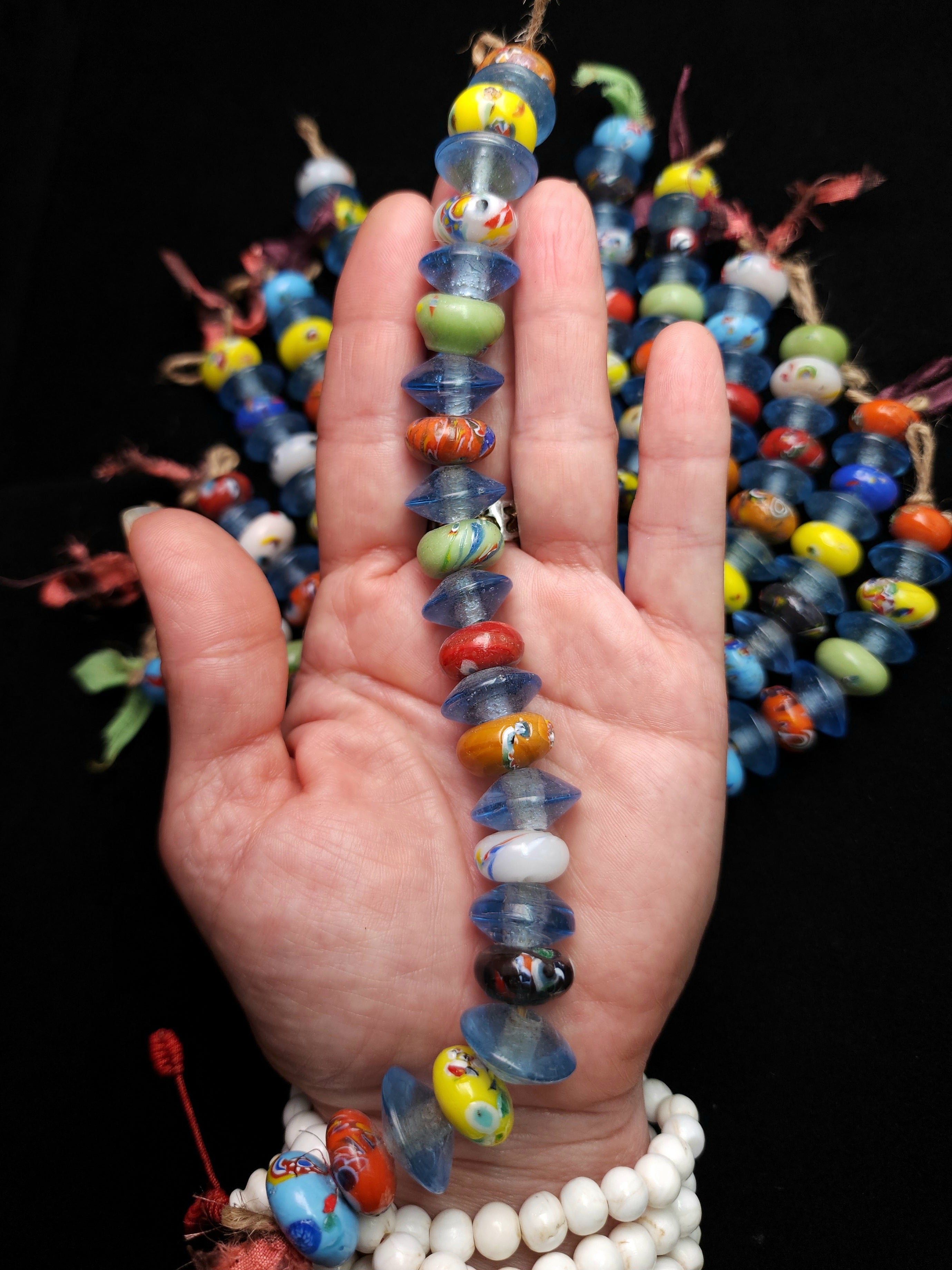 African Glass Donut & Beacon Beads Strand 8" • 14–17mm • Handmade African Trade Beads