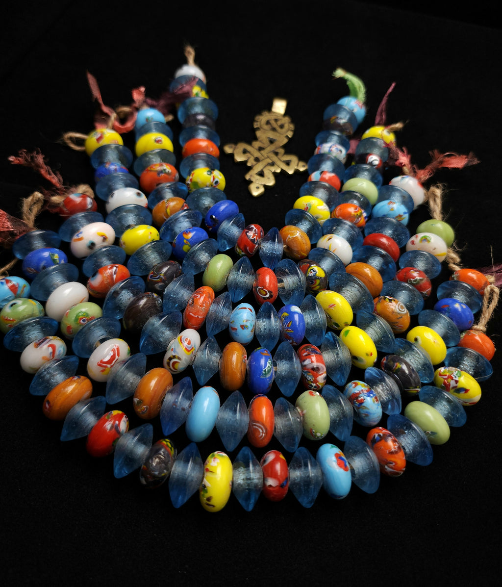 African Glass Donut & Beacon Beads Strand 8" • 14–17mm • Handmade African Trade Beads